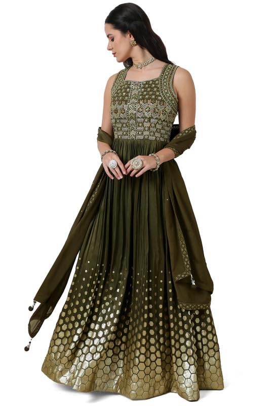 Soch Womens Green Embellished Silk Blend Gown with Mirror Work