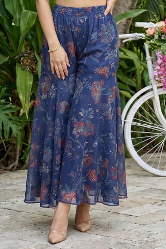 W for Woman Navy Blue Floral Printed Chiffon Noodle Straps Straight Kurta with Sharara and Dupatta Set - (WS13579-127193-S)
