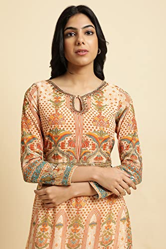 W for Woman Women's Polyester Beige Printed Tiered Dress with Embroidery Calf Length (23FEW11052-118561_Rust_6)