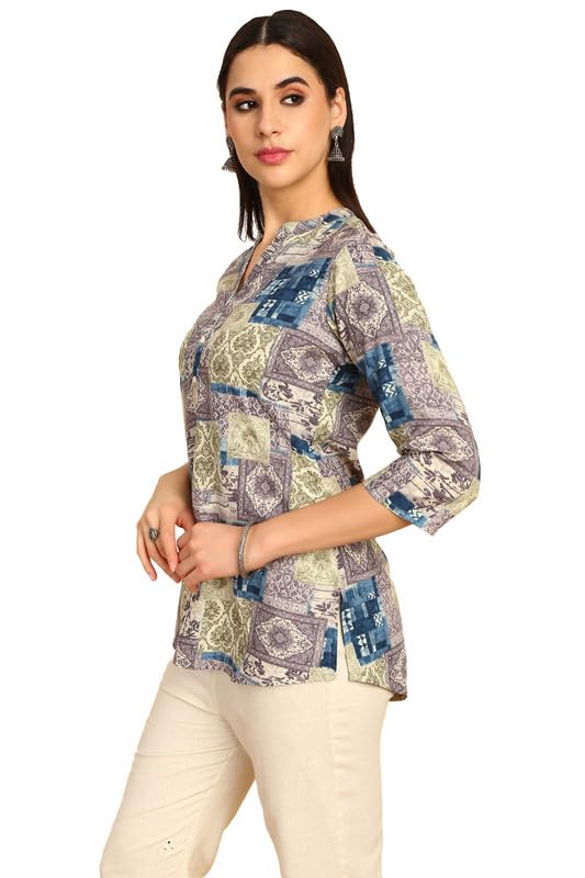 Soch Womens Grey Rayon Ethnic Motifs Foil Printed Tunic