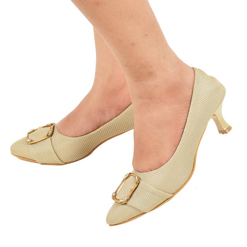 XE Looks Women's Beige Elegant Pointed Toe Heels | Beige Textured Design with Gold Buckle Accent | Stylish & Comfortable Kitten Heels For Girls & Women