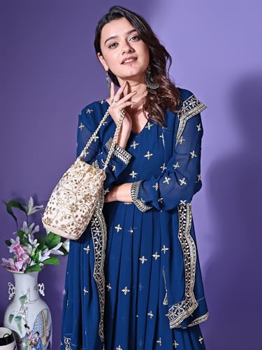 Fashion Basket Faux Georgette Sequins Anarkali Dress for Women (in, Alpha, M, Regular, Turquoise)