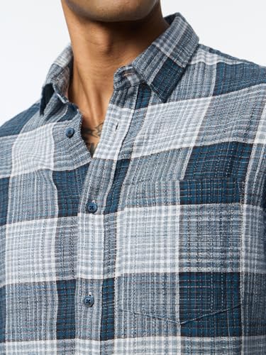 The Souled Store Crinkled Shirt: Cerulean Men and Boys Long Sleeve Button Down Collar Blue Plaid Lightweight Everday Office Wear Easy to Style Relaxed Fit Casual Cotton Shirt