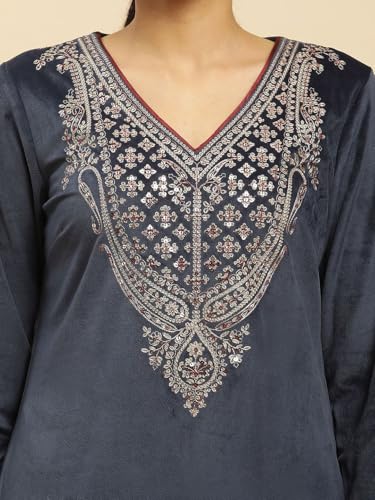 W for Woman Blue Embroidered Flared Velvet Kurta (Size: S)-24NOW10358-220778