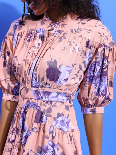 Tokyo Talkies Women Mandarin Neck 3/4 Sleeve Mini Dress TTJ6010875 Pink XL