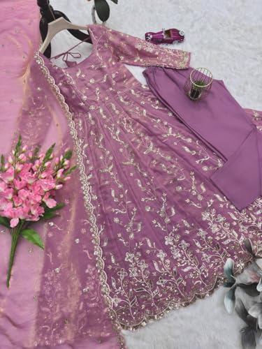 Women's Gown | Embroidery Work | Embroidered Heavy Fandy Silk Outfit | Designer Embroidered Dress with Dupatta || Long Sleeve Gowns (in, Alpha, M, Regular, Women, Light Purple)