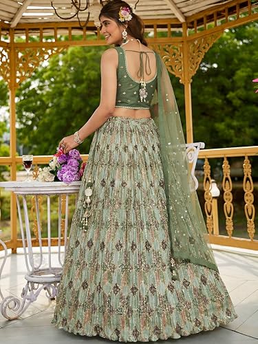 Zeel Clothing Women's Chinon Silk Embroidered Mirror Work Lehenga Choli with Dupatta (114-Green-Women-Lehenga-Choli-Set; Free Size; Green)
