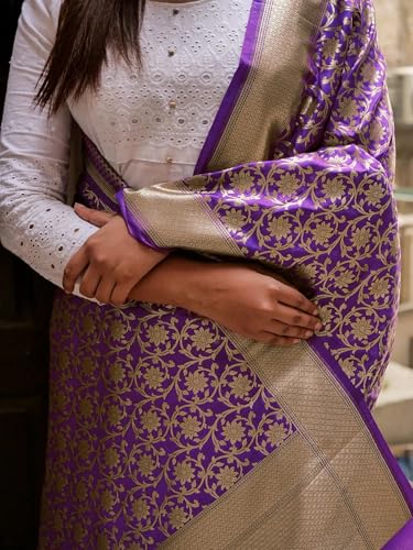 Exotic India Brocaded Banarasi Traditional Semi Katan Silk Dupatta Chunni For Women's and Girls with Zari-Woven Floral All-Over Vine Pattern Stole For All Occasion and Seasons