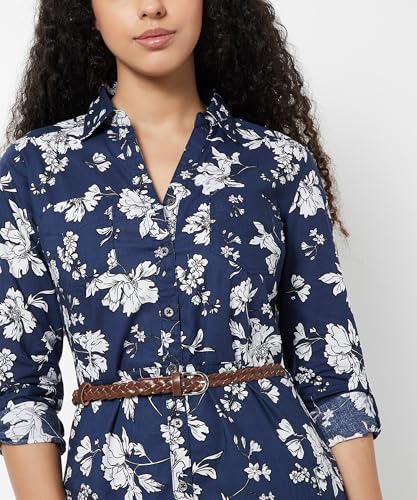 Max Women Printed Shirt Dress with Belt(Blue_L)