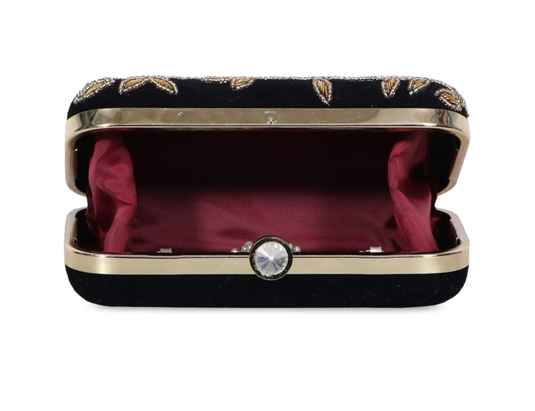 DUCHESS Women's Velvet Zari Zirkon Box Clutch Purse (Black)