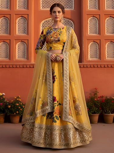 Zeel Clothing Women's Floral Print, Zari and Sequins Embroidered Work Banglori Silk Semi-Stitched Lehenga Choli With Dupatta (7507-Yellow-Wedding-Lehenga-Choli, Free size) (Yellow)