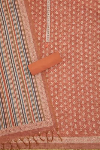Soch Womens Peach Tussar Abstract Print Unstitched Dress Material With Faux Mirror