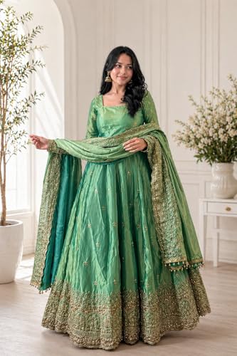 Women’s Embroidered Green Anarkali Dress with Dupatta