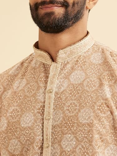 Manyavar Men's Cotton Blend Printed with Thread Embroidery Kurta Pajama Set (Fawn,XXL)