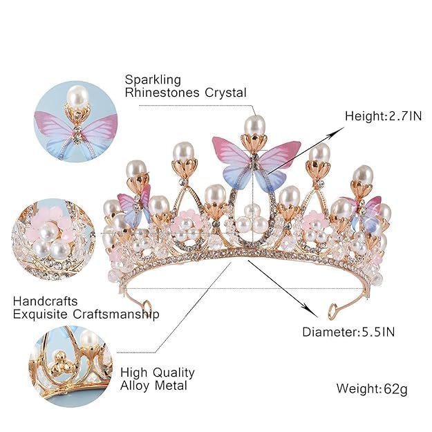 NIOFY Crystal Tiara Crown Pearl Princess Costume Crown Headband Flower Pageant Handmade Hair Accessories Cosplay,Birthday,Celebration for Girl Women