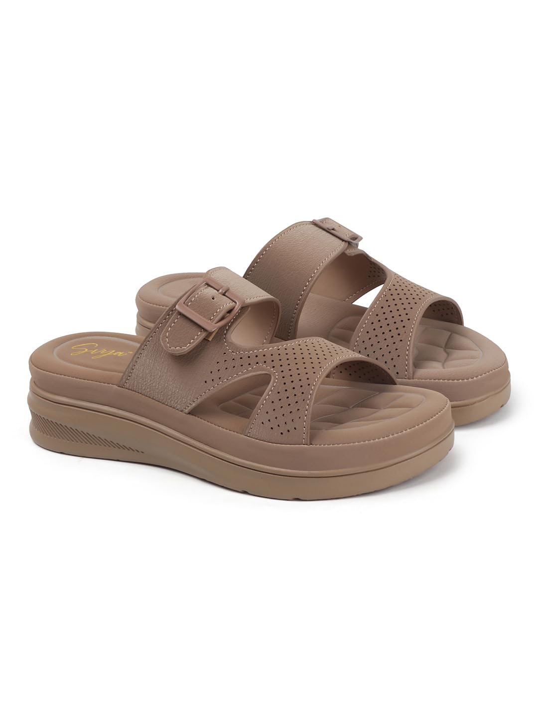 Women Slide Sandals with Perforated Upper and Buckle Detail for All-Day Comfort (Chiku, UK Footwear Size System, Adult, Women, Numeric, Medium, 4)