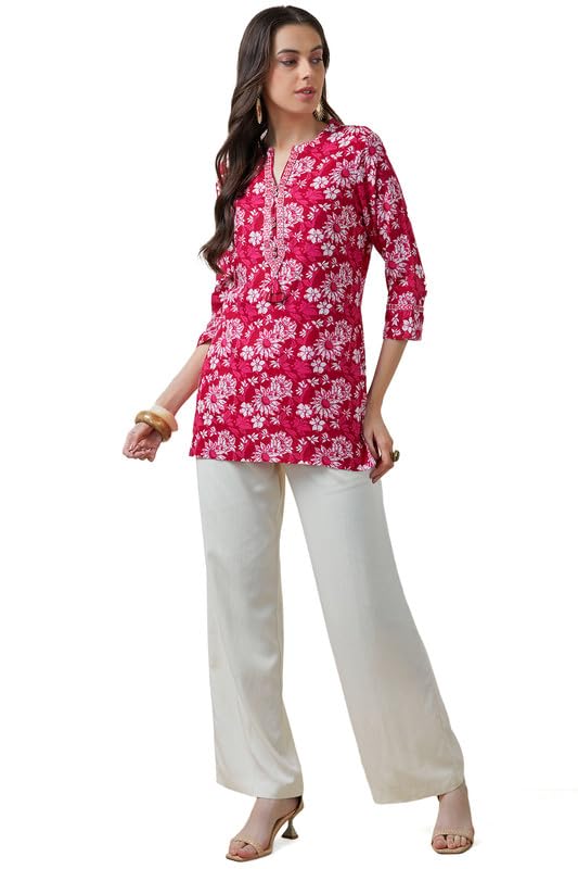 Soch Womens Fuchsia Floral Print Rayon Tunic with Faux Mirror