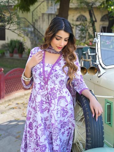 Divena Purple Floral Printed Anarkali Pure Cotton Kurta with Trousers & Dupatta