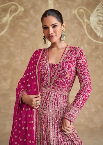 Miss Ethnik Women's Pink Chinon Stitched Gown With Dupatta Full Sleeve Embroidered Anarkali Gown (ME-1275-Pink-XXL)
