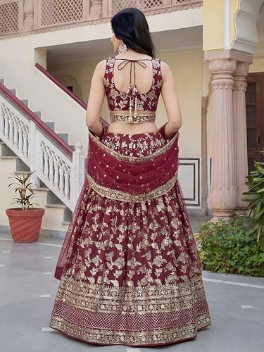 Zeel Clothing Women's Sequins Zari Embroidered Dola Silk Jacquard Lehenga Choli With Dupatta (7100-Maroon-Women-New-Lehenga-Choli, Free size) (Maroon)