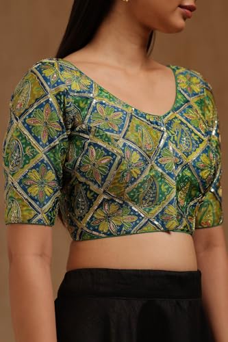 Soch Womens Green Satin Ethnic Motif Padded Blouse with Sequins