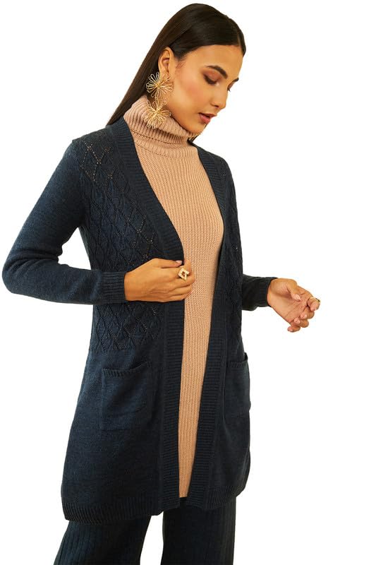 Soch Womens Navy Blue Acrylic Pointelle Knit Open-Front Longline Shrug with Pockets