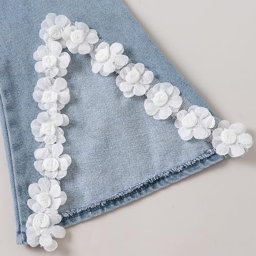 Hopscotch Girls White Full Sleeves 2-Pc Floral Applique Jeans Set For Age (5-6 Years)