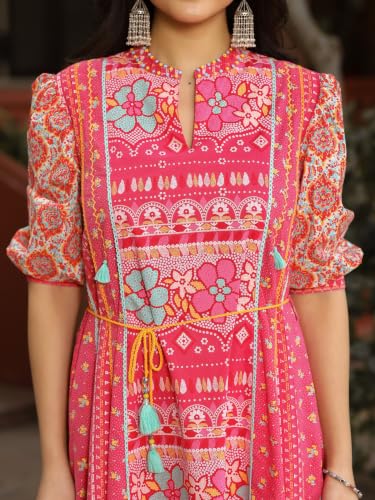 Juniper Pink Floral Printed Pure Cotton Dress & Doris with Beads Work