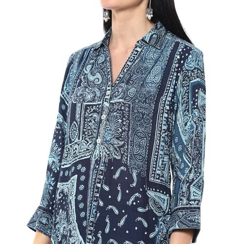 BIBA Women Viscose Straight Fit Printed Kurta Mix and Match(Jamawar20170_Navy_32)