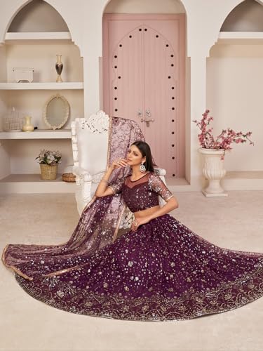 Zeel Clothing Womens Net Lehenga Choli Semi-Stitched Wine Wedding Bridal Free Size