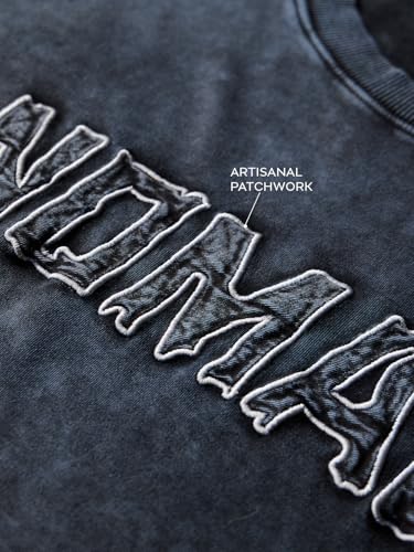 The Souled Store Nomad: Haven Men and Boys Short Sleeves Round Neck Charcoal Grey Embroidered Casual Drop Shoulder Streetwear Trendy Super Oversized T-Shirt