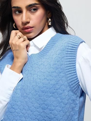 The Souled Store Sweater Vest: Ivy Blue Women and Girls Sleeveless V-Neck Textured Acrylic Oversized Fit Lightweight Casual Knitted Sweater Vest