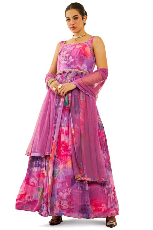 Soch Womens Purple Crepe Floral Printed Ethnic Gown with Dupatta