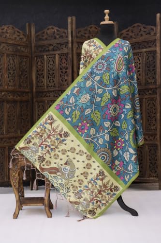 SHANTVAN GALLERY Women’s Malai Silk Dupatta | Floral & Kalamkari Prints Traditional Ethnic Wear | Soft, Lightweight Designer Stole with Tassel Border for Suit, Kurti & Festive Gowns | Bright Turquoise