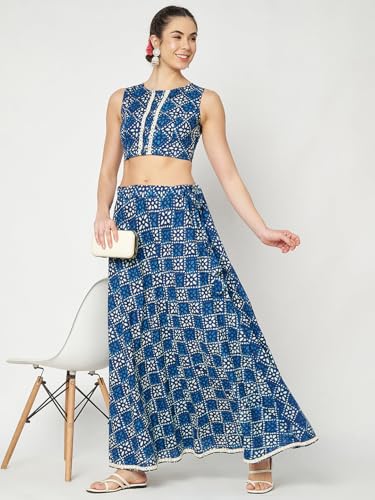 studio rasa Women's Cotton Printed Embellished Bias Skirt for Wedding Festive Party (SKTC52406_Blue_Medium)