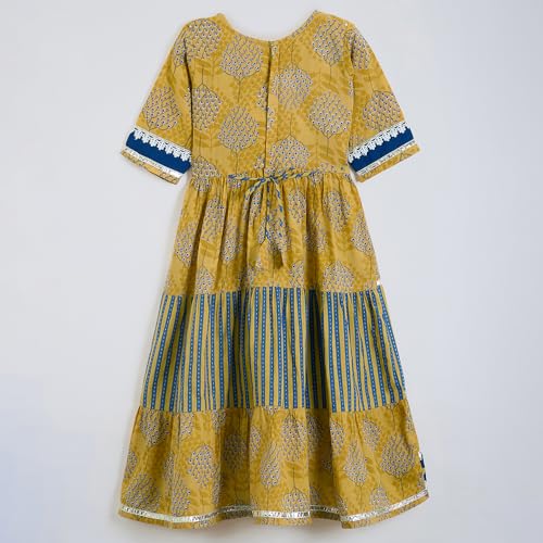 Hopscotch Girls Mustard Full Sleeves Lace Embellished Cambric Dress for Age (4-5 Years)