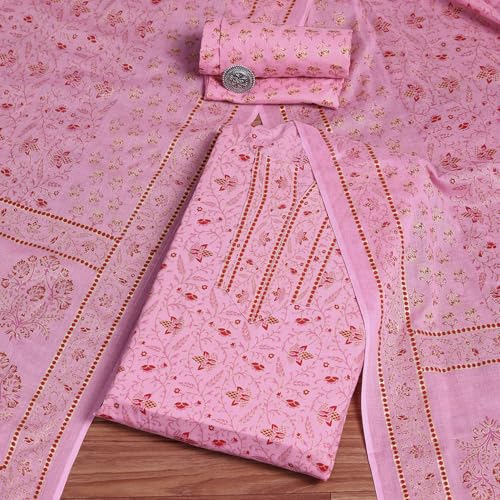 BIBA Women Pink Cotton Screen Print Unstitched Suit Set_FREE SIZE