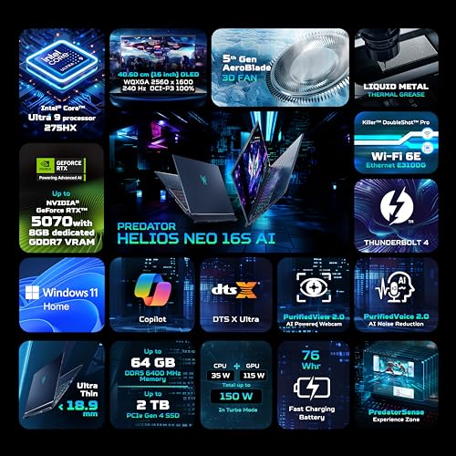 acer Predator Helios Neo 16S AI, Intel Ultra 9 Processor 275HX,RTX 5070-8 GB GDDR7,16 GB/1 TB, WQXGA OLED, 16.0"/40.64 cm, 240Hz,Win 11 Home, Abyssal Black,2.3 kg,PHN16S-71, RGB KB,Gaming Laptop