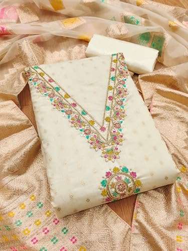 Leeli Peeri Designer Women's Chanderi Jacquard Embroidery Work Unstitched Salwar Suit Dress Material