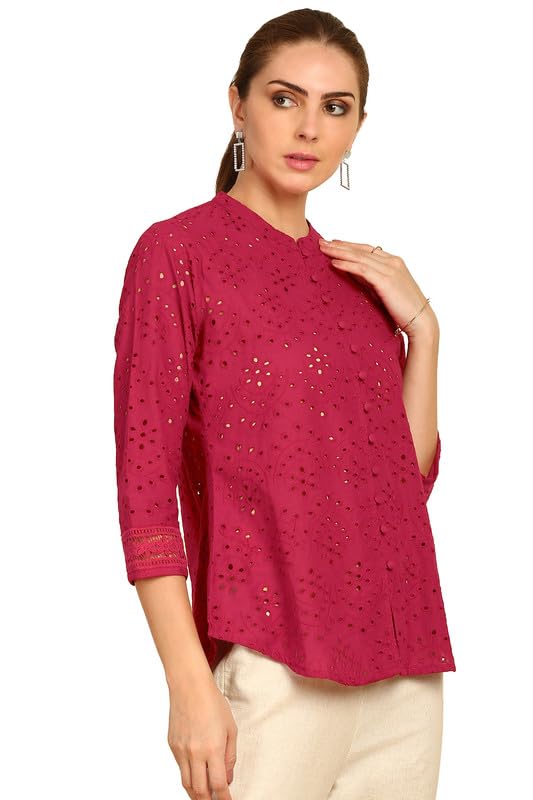 Soch Womens Red Schiffli Embroidery Mandarin Collar Cotton Tunic