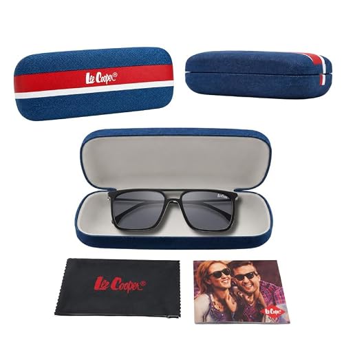 Lee Cooper Double-Bridge Square Sunglasses for Men with Dark Grey Polarized TAC Lenses, Black Acetate Full-Rim Frame, Double-Bridge Design and Metal Temples - LCM10038C1