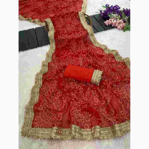 FreHee Red Bandhani Print Chiffon Saree with Gold Lace Border