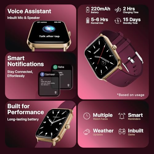 Fire-Boltt Ninja Call Pro Plus Bluetooth Calling Smart Watch, 1.83″ HD Display, AI Voice Assistant, 120+ Sports Modes, IP67 Waterproof, SpO2 & Heart Rate Monitor Smartwatch for Men & Women - Wine