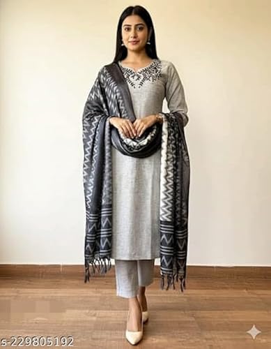Kurthnic Women's South Cotton Embroidered Kurta with Pant & Dupatta BLACK_XL