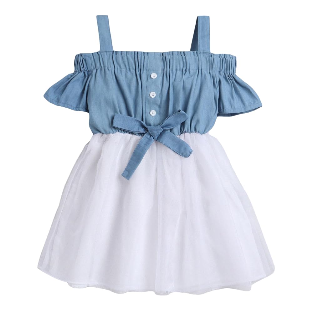 Hopscotch Girls Cotton Solid Cold-Shoulder Sleeves A-line Casual Dresses In  Blue Color For Ages 4-5 Years (EWE-3113585)