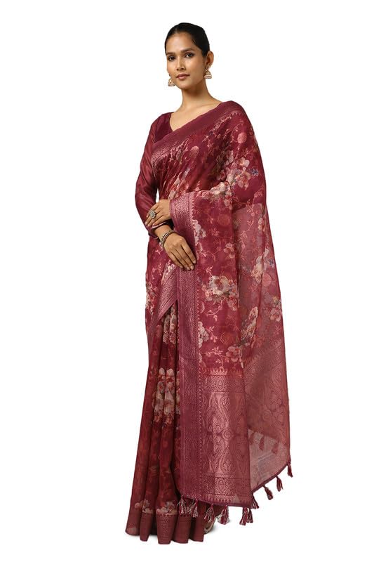 Soch Womens Wine Chanderi Woven Design Saree With Tassels