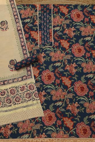 Soch Womens Navy Blue Cotton Botanical Dress Material With French Knot and Faux Mirror