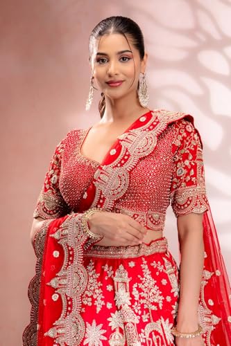 Women's Red Zardosi Embroidered Silk Bridal Lehenga