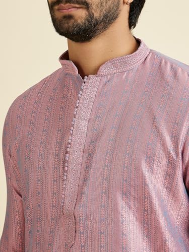 Manyavar Men's Art Silk Textured Neckline Embroidered Kurta Pyjama Set(Pink,M)