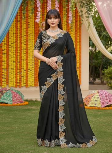 Glory Sarees Women’s Satin Chiffon Embroidery Work Saree With Blouse Piece (JR644_Black)
